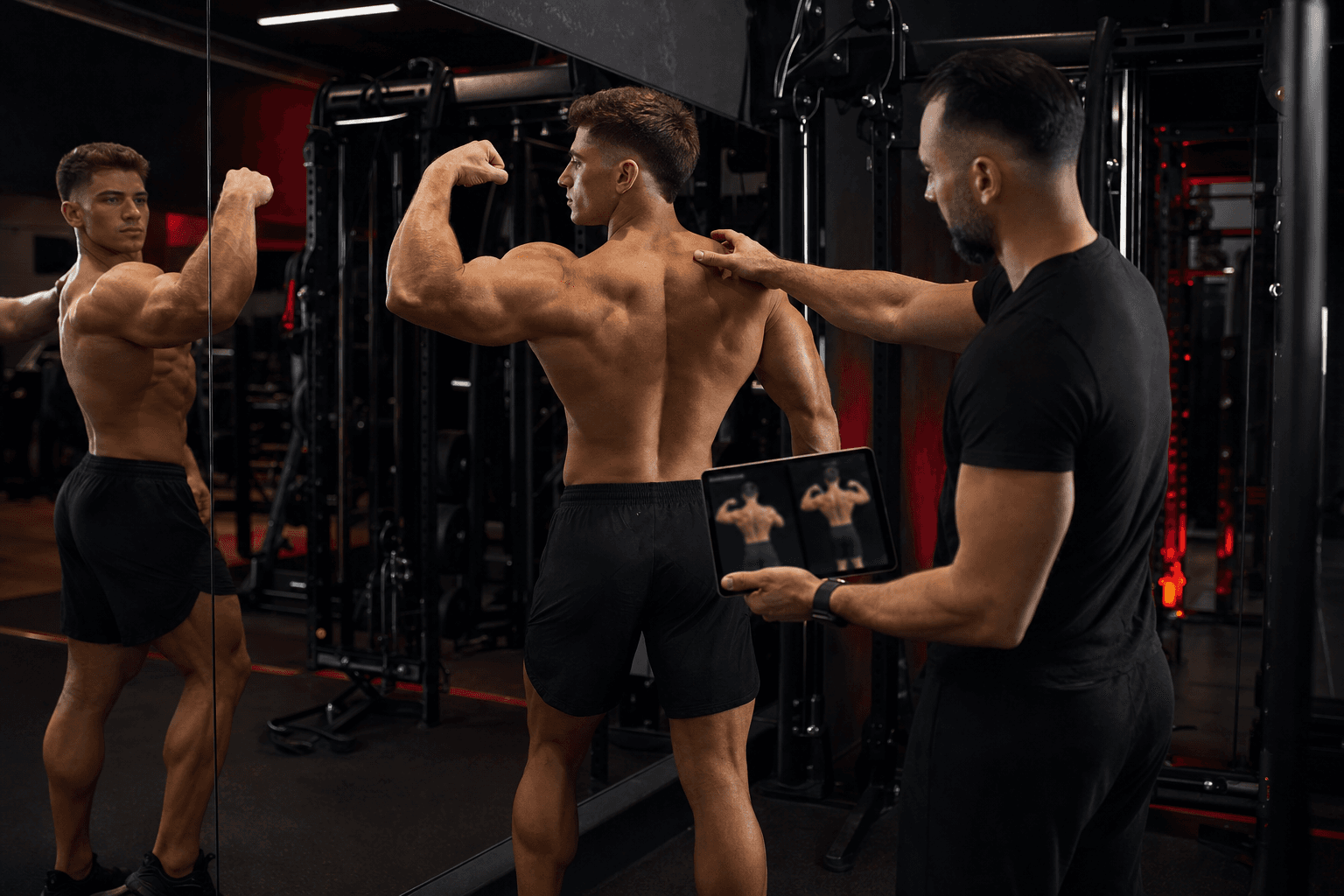Coach reviewing client progress photos and coaching review data