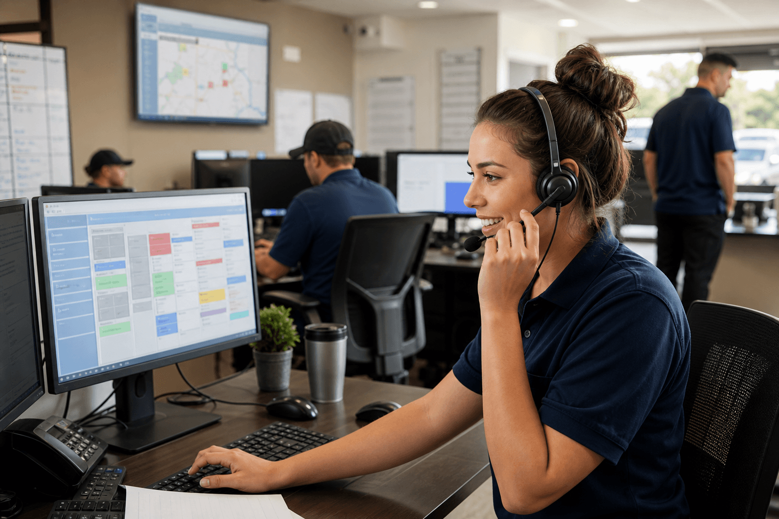 Customer service representative answering a home services lead in a dispatch office