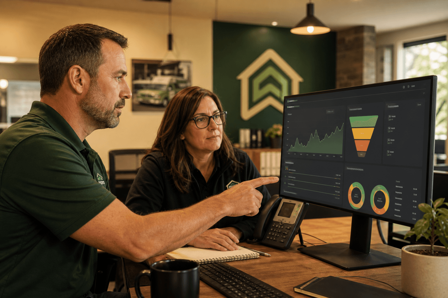 Home services owner reviewing lead and estimate dashboards with an office manager