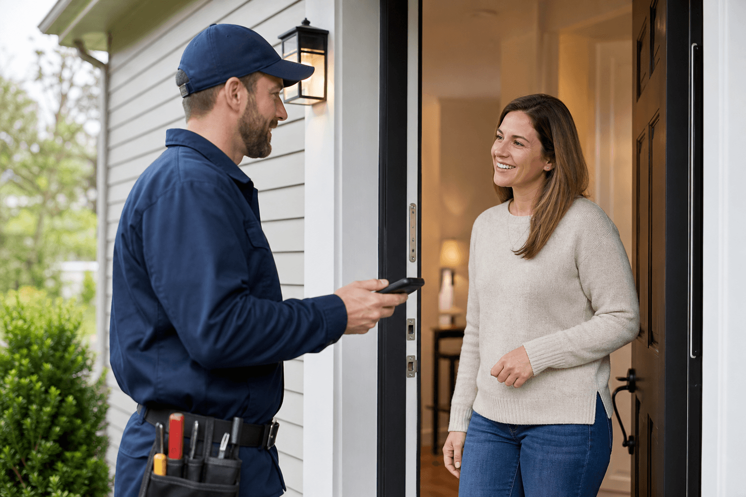 Homeowner speaking with technician after a completed service visit