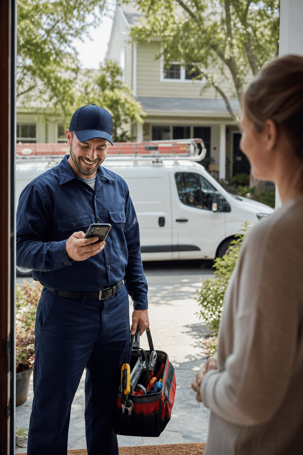 Home services technician receiving a job update at a homeowner doorway